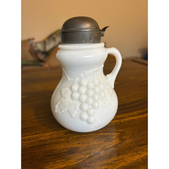 Other - Vintage Milk Glass Pitcher Creamer Grapes Embossed Metal Lid